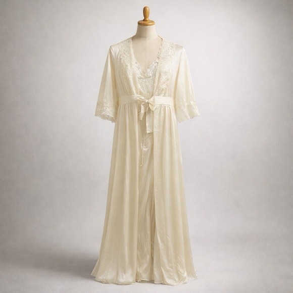 Vintage Ivory Lace Satin Robe Peignoir Set Sheer Bridal Lingerie Small